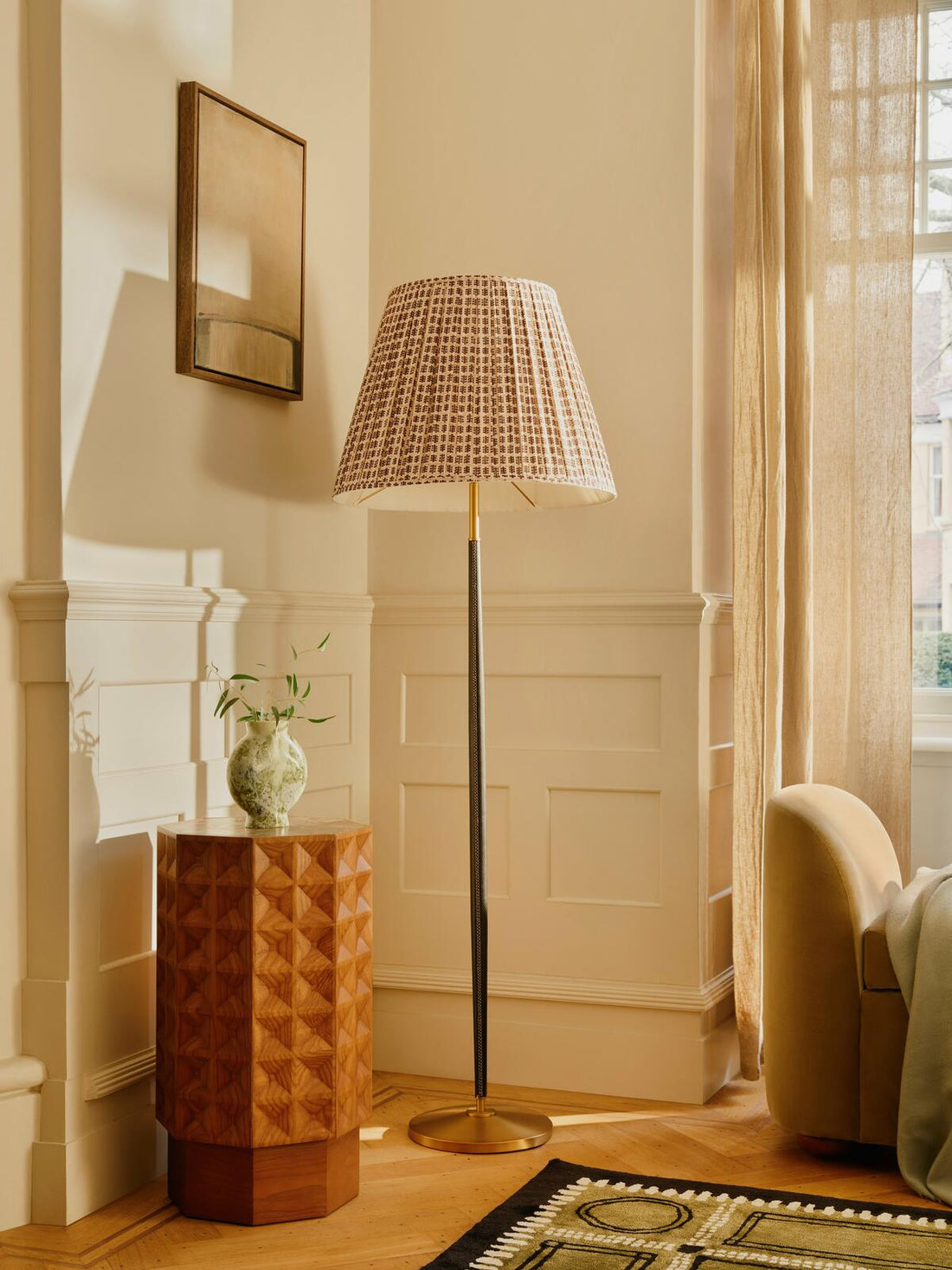 BECKETT LEATHER FLOOR LAMP | PATTERNED SHADE