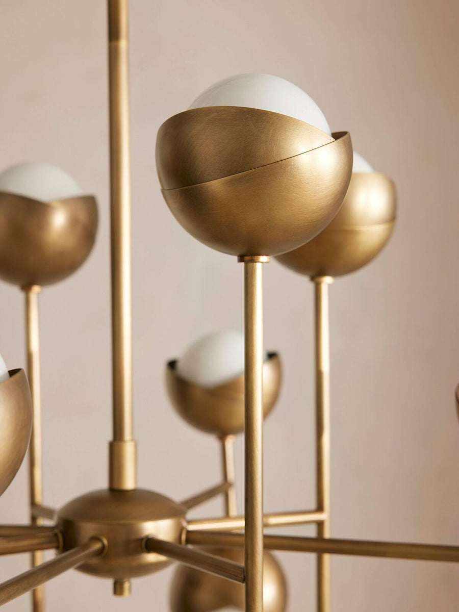 Seed Chandelier by Soho Home. Cluster of bisected orbs in hand-applied patinated brass. Inspired by Soho House.