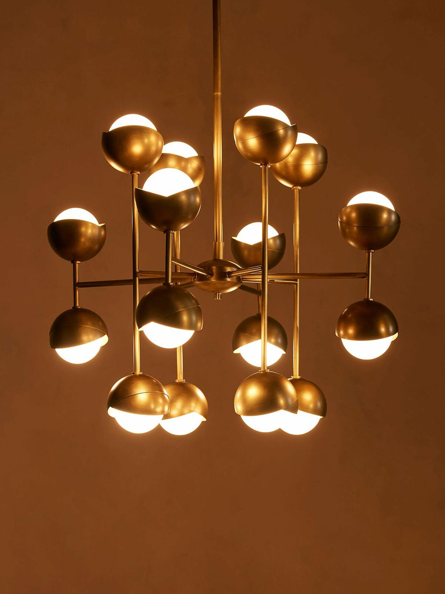 Seed Chandelier by Soho Home. Cluster of bisected orbs in hand-applied patinated brass. Inspired by Soho House.