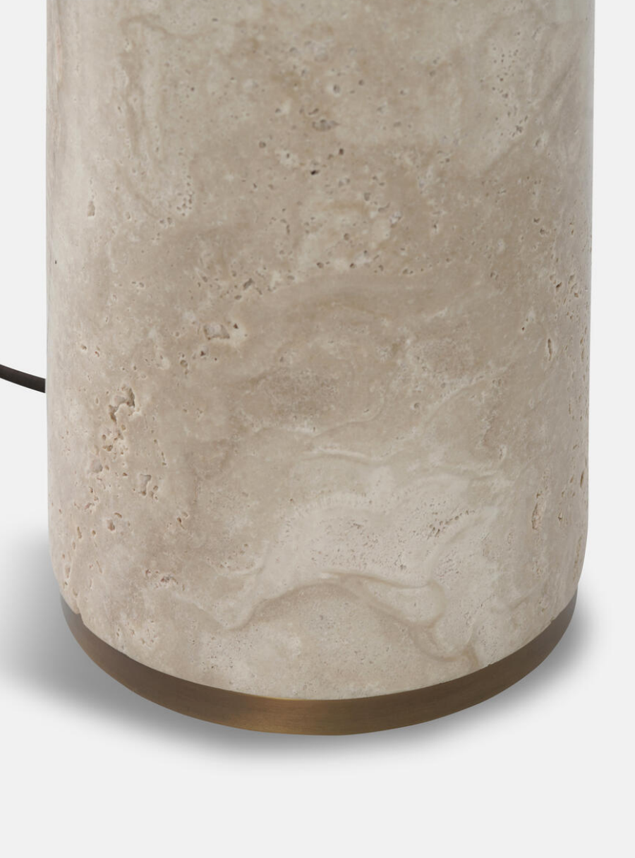 Remi Table Lamp, Large by Soho Home. Crafted from solid travertine, brass detailing and a natural linen shade. Inspired by Soho House.